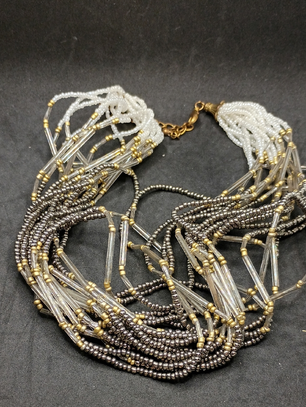 Multi-Strand Beaded Statement Necklace in White, Silver & Gold